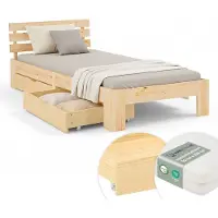 Homestyle4u Lit simple en bois 90x200 avec matelas et 2 tiroirs naturelle pin Cadre de lit en bois massif sommier à lattes