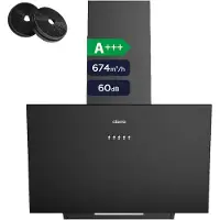 CIARRA , hotte aspirante sans raccordement, 60 cm, 674 m³/h, classe énergétique A+++, fonctionnement par ventilation et par recyclage, hotte inclinée, noire, modèle VMB6762A