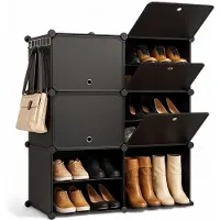 Goliving Meuble de rangement pliable - 24 paires - 92 x 82 cm - Meuble à chaussures - Meuble à chaussures avec portes - Banc à chaussures - Noir