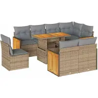 vidaXL Ensemble de salon de jardin 9 pièces avec coussins Beige Poly rotin Acacia