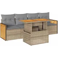 vidaXL Ensemble de salon de jardin 5 pièces avec coussins Beige Poly rotin Acacia