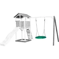 Axi Beach Tower Aire De Jeux Avec Toboggan En Blanc, Balançoire Nid D'Oiseau Vert & Bac À Sable | Grande Maison Enfant Extérieur En Gris & Blanc |