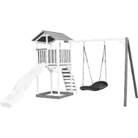 Axi Beach Tower Aire De Jeux Avec Toboggan En Blanc, Balançoire Nid D'Oiseau Noir & Bac À Sable | Grande Maison Enfant Extérieur En Gris & Blanc |