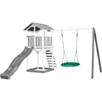 Axi Beach Tower Aire De Jeux Avec Toboggan En Gris, Balançoire Nid D'Oiseau Vert & Bac À Sable | Grande Maison Enfant Extérieur En Gris & Blanc |