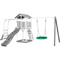 Axi Beach Tower Aire De Jeux Avec Toboggan En Gris, Cadre D'Escalade, Balançoire Nid D'Oiseau Vert & Bac À Sable | Grande Maison Enfant Extérieur En