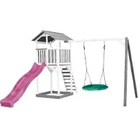 Axi Beach Tower Aire De Jeux Avec Toboggan En Violet, Balançoire Nid D'Oiseau Vert & Bac À Sable | Grande Maison Enfant Extérieur En Gris & Blanc |