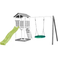 Axi Beach Tower Aire De Jeux Avec Toboggan En Vert Clair, Balançoire Nid D'Oiseau Vert & Bac À Sable | Grande Maison Enfant Extérieur En Gris & Blanc