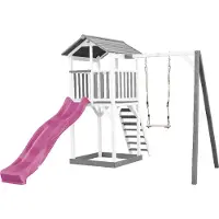 Axi Beach Tower Aire De Jeux Avec Toboggan En Violet, Balançoire & Bac À Sable | Grande Maison Enfant Extérieur En Gris & Blanc | Cabane De Jeu En