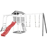 Axi Beach Tower Aire De Jeux Avec Toboggan En Rouge, Cadre D'Escalade, 2 Balançoires & Bac À Sable | Grande Maison Enfant Extérieur En Gris & Blanc |