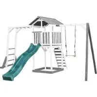 Axi Beach Tower Aire De Jeux Avec Toboggan En Vert, Cadre D'Escalade, Balançoire & Bac À Sable | Grande Maison Enfant Extérieur En Gris & Blanc |