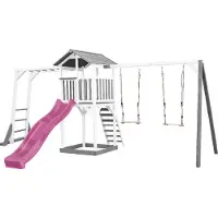 Axi Beach Tower Aire De Jeux Avec Toboggan En Violet, Cadre D'Escalade, 2 Balançoires & Bac À Sable | Grande Maison Enfant Extérieur En Gris & Blanc