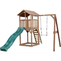 Axi Beach Tower Aire De Jeux Avec Toboggan En Vert, Balançoire & Bac À Sable | Grande Maison Enfant Extérieur En Marron | Cabane De Jeu En Bois