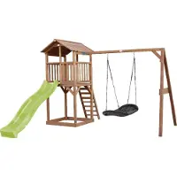 Axi Beach Tower Aire De Jeux Avec Toboggan En Vert Clair, Balançoire Nid D'Oiseau Noir & Bac À Sable | Grande Maison Enfant Extérieur En Marron |