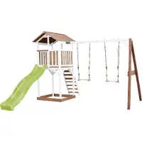 Axi Beach Tower Aire De Jeux Avec Toboggan En Vert Clair, 2 Balançoires & Bac À Sable | Grande Maison Enfant Extérieur En Marron & Blanc | Cabane De