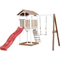 Axi Beach Tower Aire De Jeux Avec Toboggan En Rouge, Balançoire & Bac À Sable | Grande Maison Enfant Extérieur En Marron & Blanc | Cabane De Jeu En