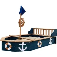 Axi Bac à sable Doris avec banc de rangement, anthracite/marron – Drapeau et barre à roue en bois – Bâche de protection et toile de sol incluses – Garantie de 10 ans !