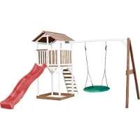 Axi Beach Tower Aire De Jeux Avec Toboggan En Rouge, Balançoire Nid D'Oiseau Vert & Bac À Sable | Grande Maison Enfant Extérieur En Marron & Blanc |