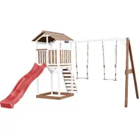 Axi Beach Tower Aire De Jeux Avec Toboggan En Rouge, 2 Balançoires & Bac À Sable | Grande Maison Enfant Extérieur En Marron & Blanc | Cabane De Jeu