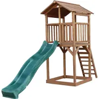 Axi Beach Tower Aire De Jeux Avec Toboggan En Vert & Bac À Sable | Grande Maison Enfant Extérieur En Marron | Cabane De Jeu En Bois