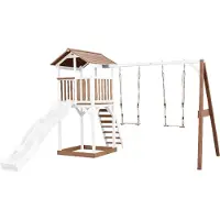 Axi Beach Tower Aire De Jeux Avec Toboggan En Blanc, 2 Balançoires & Bac À Sable | Grande Maison Enfant Extérieur En Marron & Blanc | Cabane De Jeu
