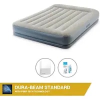 OEM Intex Lit à air - 2 personnes - 152 x 203 x 30 cm - Gris - Avec pompe intégrée + drap-housse blanc + kit de réparation