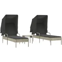 vidaXL Bain de soleil set de 2 avec toit et table gris clair Poly rotin