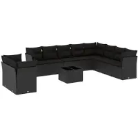 vidaXL Ensemble de salon de jardin 11 pièces avec coussins noir poly rotin