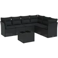 vidaXL Ensemble de salon de jardin 7 pièces avec coussins noir poly rotin