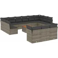 vidaXL Ensemble de salon de jardin 14 pièces avec coussins Gris Poly rotin