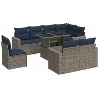 vidaXL Ensemble de salon de jardin 9 pièces avec coussins Gris Poly rotin Acacia