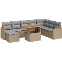 vidaXL Ensemble de salon de jardin 9 pièces avec coussins Beige Poly rotin Acacia