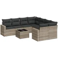 vidaXL Ensemble de salon de jardin 9 pièces avec coussins gris clair Poly rotin