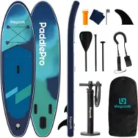 LifeGoods Planche de SUP Allround Compact - Capacité de charge de 100 kg - 300 x 76 cm - Gonflable - Kit SUP complet - Bleu/Vert