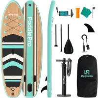 LifeGoods PaddlePro SUP Board - Planche à pagaie gonflable - Ensemble complet - Max. 150KG - 320x81cm - Bois/Vert Menthe
