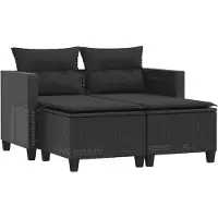 vidaXL Canapé de jardin 2 places avec tabourets Noir Poly Rattan