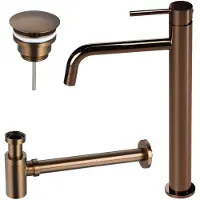 FortiFura Calvi Slim Ensemble de robinet lavabo - rehaussé - bonde non-obturable - siphon bas design - Cuivre SW799403/SW970030/SW799405