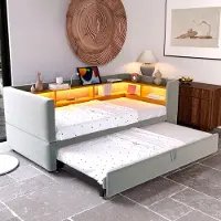 MODFU Lit Gigogne Simple 90x190 cm avec Espaces de Rangement et LED Intégrée, Canapé Convertible Multifonction, Flanelle Gris Clair - Sans Matelas
