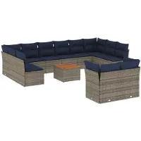 vidaXL Ensemble de 13 canapés de jardin avec coussins Gris Poly Rattan