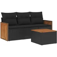 vidaXL Salon de jardin 4 pcs avec coussins noir résine tressée