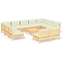 vidaXL Ensemble de salon de jardin 12 pièces avec coussins crème, en bois de pin massif