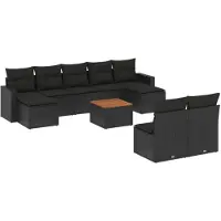 vidaXL Ensemble de 10 canapés de jardin avec coussins noir poly rotin