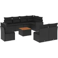 vidaXL Ensemble de salon de jardin 9 pièces avec coussins noir poly rotin