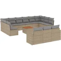 vidaXL Ensemble de salon de jardin 14 pièces avec coussins Beige Poly Rattan