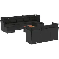 vidaXL Ensemble de salon de jardin 11 pièces avec coussins noir poly rotin