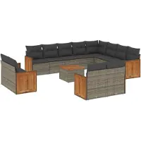 vidaXL Ensemble de 13 canapés de jardin avec coussins Gris Poly Rattan