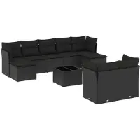 vidaXL Ensemble de 10 canapés de jardin avec coussins noir poly rotin