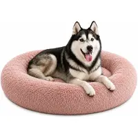Belviona Lit pour chien Donut, lit douillet en peluche avec rembourrage doux, maintien sûr & bord ergonomique, 120 cm de diamètre, vieux rose