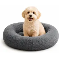 Belviona Lit pour chien Donut, lit douillet en peluche avec rembourrage moelleux, maintien sûr & bord ergonomique, 50 cm de diamètre, anthracite