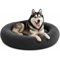 Belviona Lit pour chien Donut, lit douillet en peluche avec rembourrage moelleux, maintien sûr & bord ergonomique, 120 cm de diamètre, anthracite