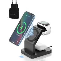 ISetchi - Chargeur sans fil Qi et Magsafe 3-en-1 - 15 Watt - Plastique noir - Adaptateur QC 3.0 inclus - Pour iPhone, Apple Watch et Airpods - Lieu de travail organisé
